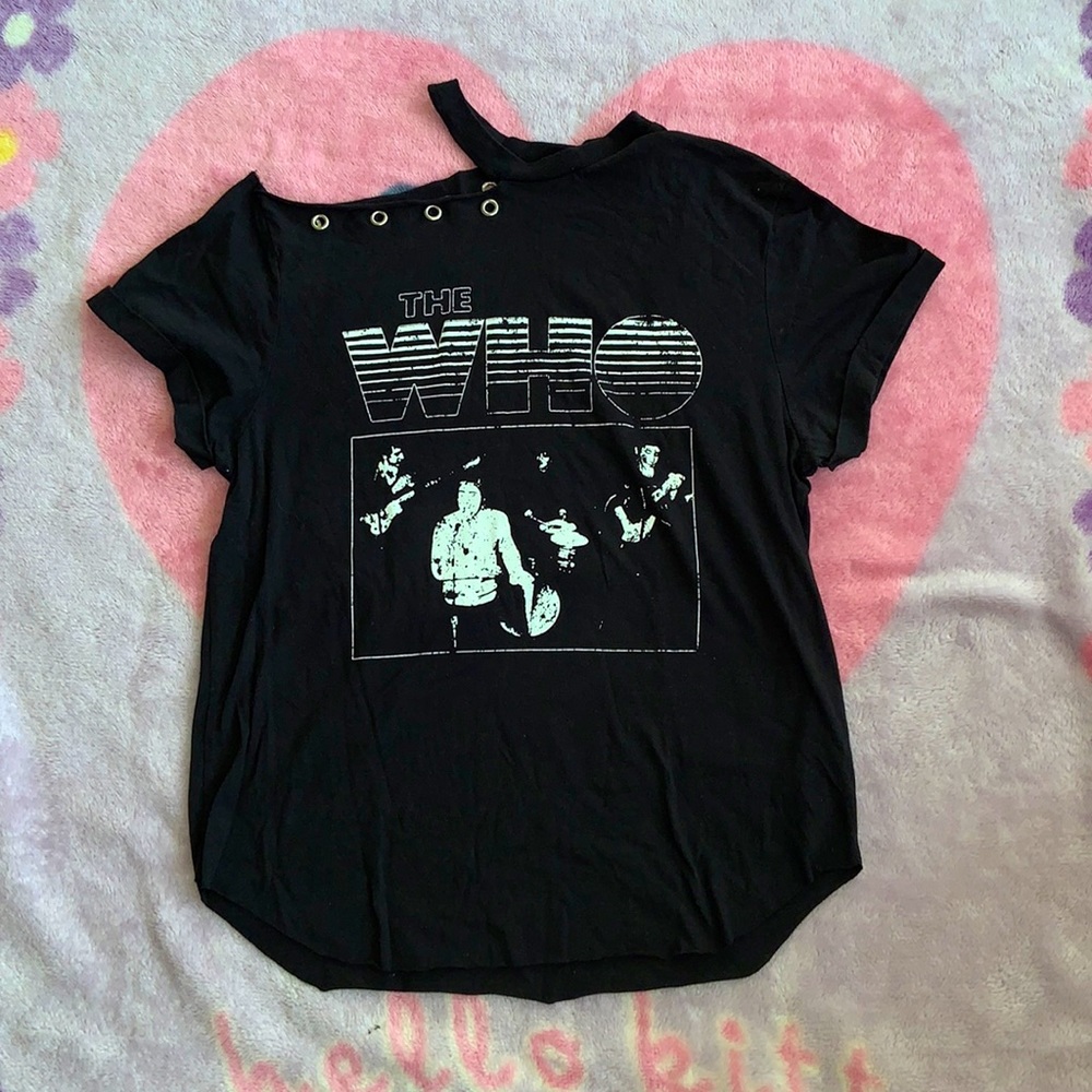 The Who tee deconstructed graphic open shoulder band tee with O ring details